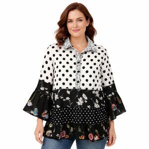 Calessa Tunic Blouse Womens Large Black Polka Dot Floral 3/4 Bell Sleeve Top